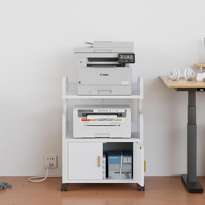 VECELO Large Printer Stand with Power Outlet, 3-Tier Rolling File Cabinet with Lockable Wheels, Heavy Duty Utility Table for Home Office, 18.9"x23.6"x30.2", White