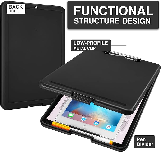Sooez Clipboard with Storage, Plastic Storage Clipboards with Low Profile Clip, Nursing Clip Boards Foldable, Hanging Clipboard Case for Work, Teacher, Classroom Must Haves, Office School Supplies