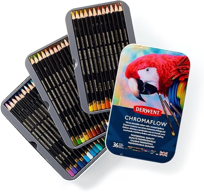 Derwent Chromaflow Colored Pencils 36 Tin, Set of 36, 4mm Wide Core, Multicolor, Smooth Texture, Art Supplies for Drawing, Blending, Sketching, Adult Coloring, Premier, Professional Quality (2306012)
