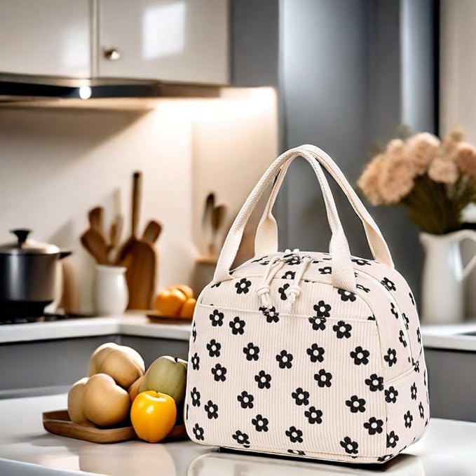 LEDAOU Lunch Box for Women Insulated Lunch Bag Corduroy Lunch Tote Bags Leakproof Cooler Lunch Case for Travel Work Picnic (Black Floral)