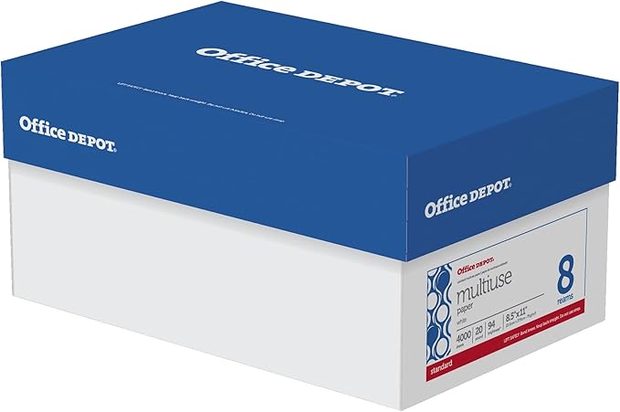 Office Depot(R) Brand Multiuse Paper, Letter Size Paper, 94 (U.S.) Brightness, 20 Lb, White, 500 Sheets Per Ream, Case Of 8 Reams
