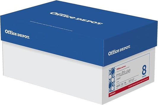 Office Depot(R) Brand Multiuse Paper, Letter Size Paper, 94 (U.S.) Brightness, 20 Lb, White, 500 Sheets Per Ream, Case Of 8 Reams