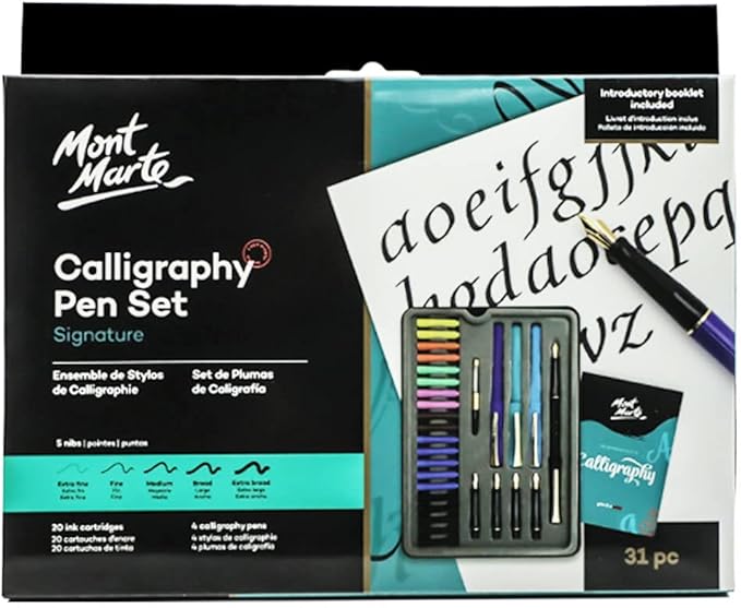 Mont Marte Calligraphy Set, 32 Piece. Includes Calligraphy Pens, Calligraphy Nibs, Ink Cartridges, Introduction Booklet and Exercise Booklet, Packaging May Vary