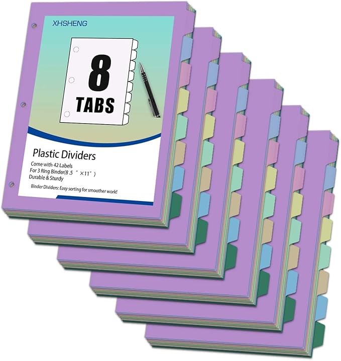 Binder Dividers with Tabs - 8 Index Tabs, Plastic 3 Hole Punch File Dividers for 3 Ring Binder, Letter Size, Durable File Organizer for School Office