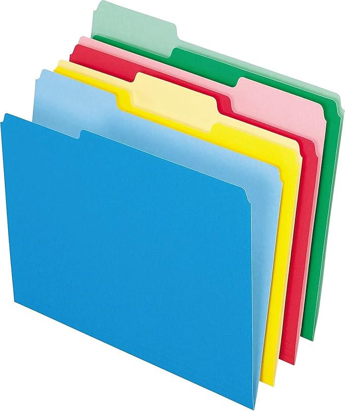 Pendaflex Colored File Folders, 24 Pack, Letter Size (8.5" x 11"), 3 Tabs, Durable Paper, Assorted Colors: Blue, Green, Red & Yellow, Color-Coding for School, Office & Home Document Organization