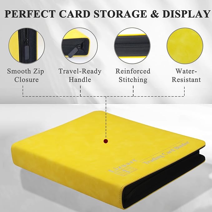 Trading Card Binder, 3-Ring 9-Pocket Zipper Binder for Baseball Cards, Sports Cards, TCG/CCG (MTG, Football, Basketball), 20 Black Leatherette Sheets, Side Load (Yellow, O-Ring)