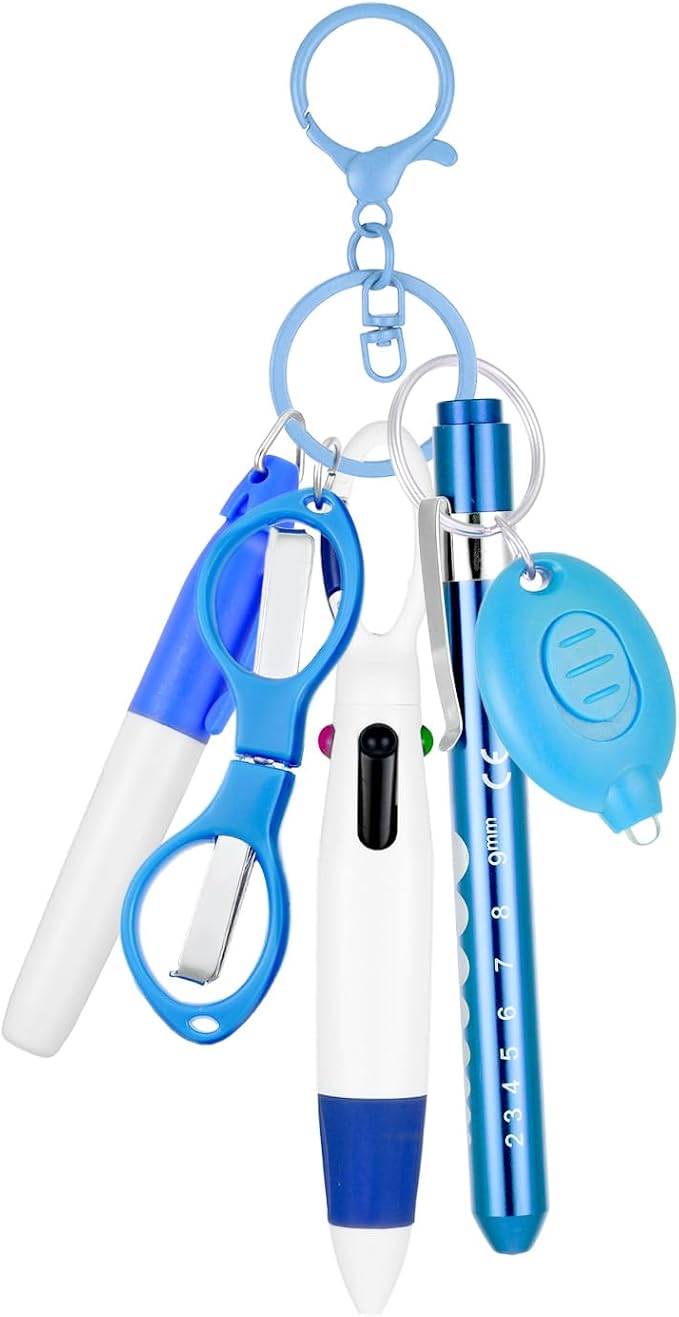 6 Pcs Nurse Pens for Badge Set,Nurse Badge Accessories with Reel Pen,Nursing Accessories Healthcare with Pens,Highlighter and Permanent Marker Pen and Led Keychain Foldable Scissors(Blue)