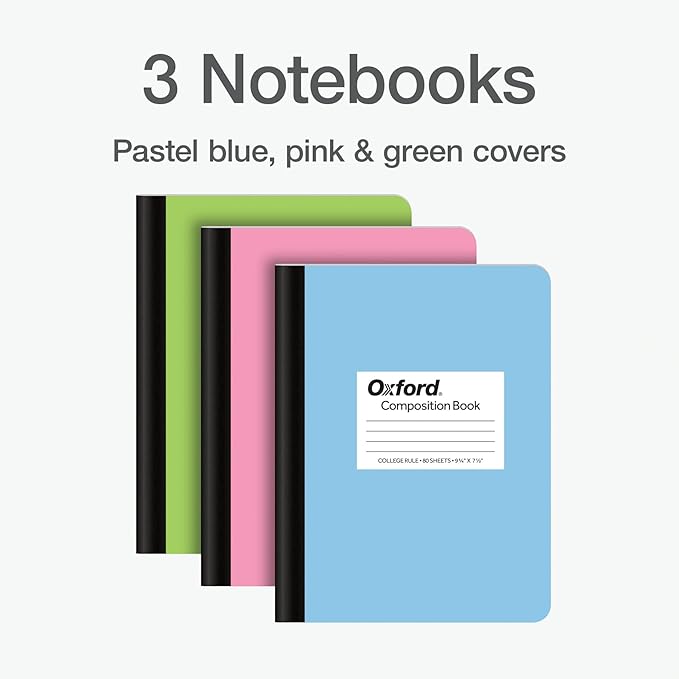 Oxford Composition Notebooks, 9-3/4 x 7-1/2 Inch School Journals, College Ruled Paper, Pastel Color Covers, 100 Sheets per Book, (1002520), 3 Count (Pack of 8)