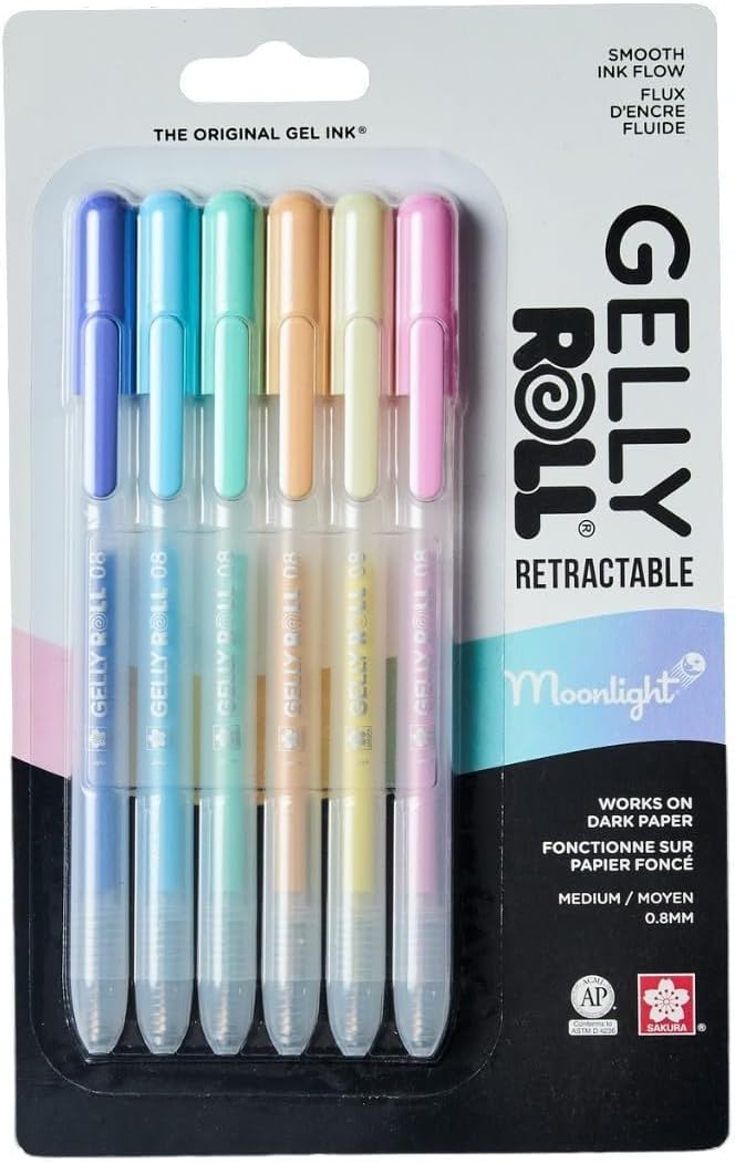 SAKURA Gelly Roll Retractable Gel Pens Colored - Opaque Color Set - Medium Point Ink Pen for Journaling, Art, or Drawing - Writes on Black Paper - Colored Gel Pens with Pastel Moonlight Ink - 6 Pack