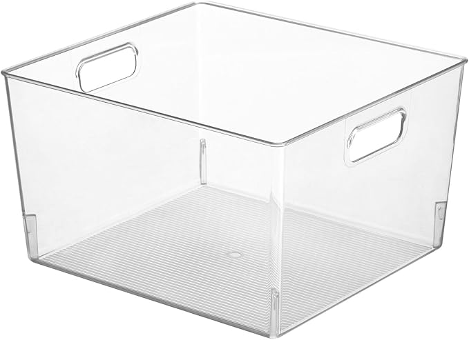 mDesign Large Plastic Office Storage Organizer Container Bin with Handles - Basket for Cabinet, Cupboard, Desk, Closet and Shelf Organization - Holds Notebook, Books, Files, Ligne Collection - Clear