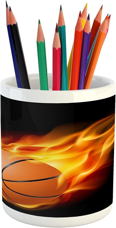 Ambesonne Sports Pencil Pen Holder, Basketball Lover Ball Speed Shoot Hoops Sporty Fun Art Print, Ceramic Pencil Holder for Desk Office Accessory, 3.6" X 3.2", Orange Black
