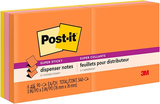 Post-it Super Sticky Dispenser Pop-up Notes, 6 Sticky Note Pads, 3 x 3 in., 2X The Sticking Power, New Year Organization or Second Semester School Supplies, Energy Boost Collection