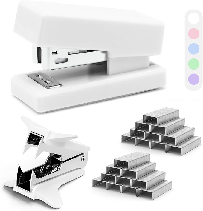 White Mini Stapler with Staples, Portable Office Supplies Set with Small Stapler, Staple Remover and 2,000 Staples, Cute Mini Stapler for Desk, School, Office & Home Desk Essentials
