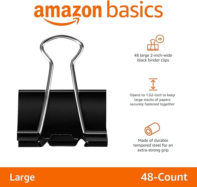 Amazon Basics Sturdy Binder Clips, Office Supplies, Large 2 in, Document Organizing, Black, 48 Count