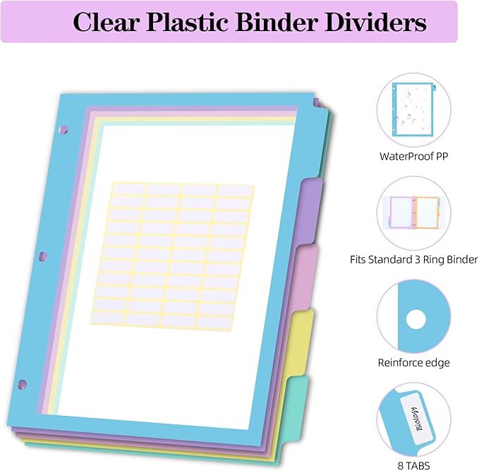 XUCHUN Binder Dividers,5 Tab Dividers Clear Plastic Subject dividers with Tab,for 3 Ring Binder,Customizable Labels, Multicolor, Durable & Tear-Resistant