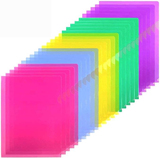 Sooez 25 Pack Clear Document Folder Project Pockets, Clear Plastic Folders Letter Size Plastic Document Folders Paper Poly Jacket Sleeves Folders Copy, 5 Assorted Colors