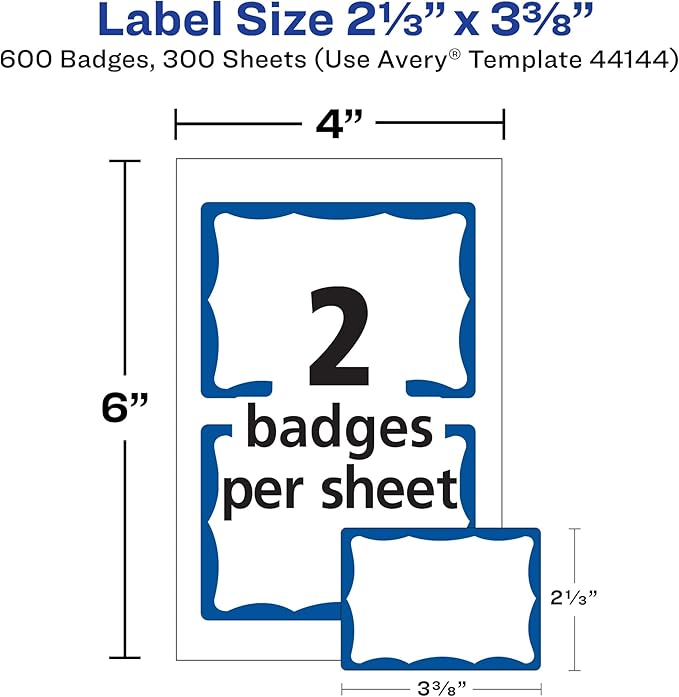 Avery Customizable Name Tags, 2-1/3" x 3-3/8", White with Blue Border, 6 Packs of 100, 600 Removable Name Badges Total (44144)