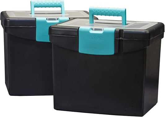 Storex Portable File Box, with Lockable XL Supply Storage Lid and Carry Handle, Black/Teal, 10.9 x 11 x 13.25 Inches, 2-Pack (61414B02C)