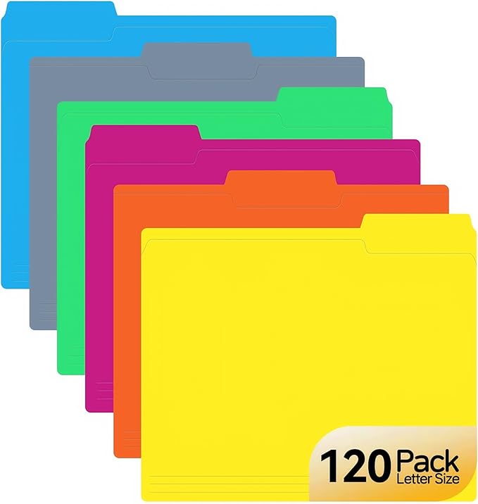 120 Pack Colored File Folders, 1/3 Cut Tab Letter Size 8.5" x 11" Manila Folders, Assorted 6 Colors for School, Office Supplies, Filing Folders & Document Organization