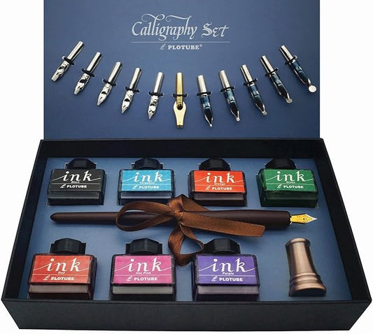Calligraphy Pen Set – Includes Wooden Dip Pen, Antique Brass Holder, 11 Nibs, 7 Colors Ink Bottles and Beginner's Manual
