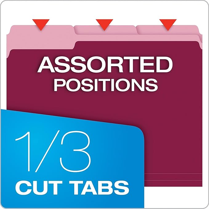 Pendaflex Colored File Folders, 100 Pack, Letter Size (8.5" x 11"), 3 Tabs, Burgundy, Light Interiors for Clearer Labels & Fewer Misfiles, A Colorful Way to Organize Projects