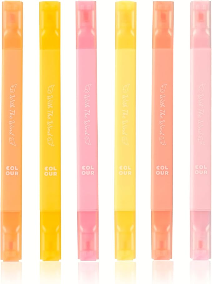 6Pcs Aesthetic Cute Highlighters with Soft Chisel Tip, Double Ended Highlighter, Quick Dry Assorted Colors Highlighters Markers for School Supplies and Office Journaling