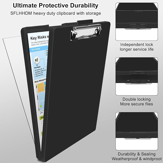 SFLHHDM Clipboard with Storage,Heavy Duty Clip Boards 8.5x11 with 2 Storage Case,Clear Visible Panel Storage Clipboards,Side Opening Nursing Clipboard Folder for Office Supplies-Inky-Black