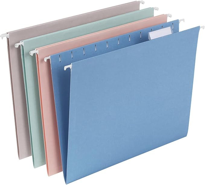 Pendaflex Hanging File Folders, 25 Pack, Letter Size (8.5" x 11"), Assorted Colors: Khaki, Peach, Light Blue, Light Green, 5 Tab Positions, Includes Tabs and Inserts, Durable Hanging Files