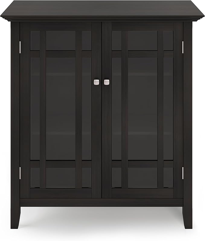 SIMPLIHOME Bedford Storage Cabinet - 39 inch Wide Solid Wood Medium Cabinet in Hickory Brown, Transitional Console for Living Room, Entryway, or Dining Room with Glass Doors and Adjustable Shelves