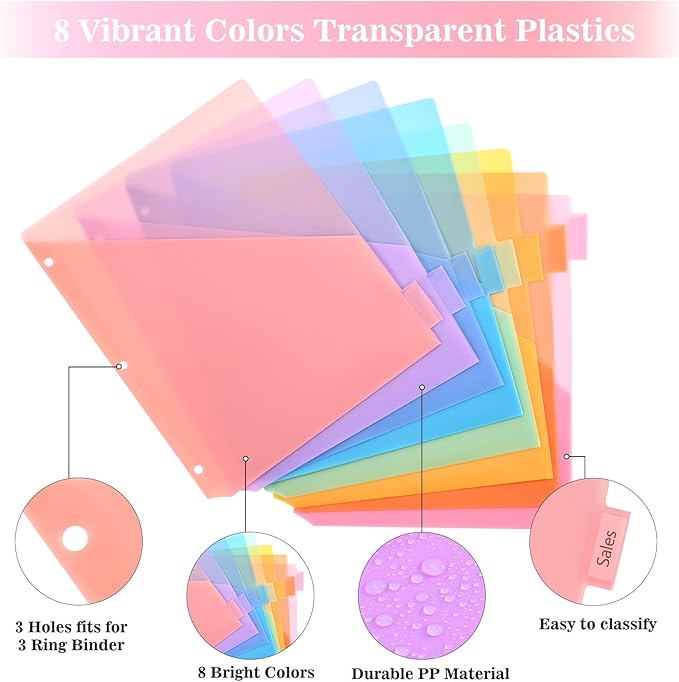 8-Tab Dividers for 3 Ring Binder, 48 Count Binder Dividers with Pockets, Subject Dividers, 3-Hole Plastics Sheets Protectors for US Letter Size in 0.5", 1",2" Binders, Vibrant 8 Color, 6 Packs