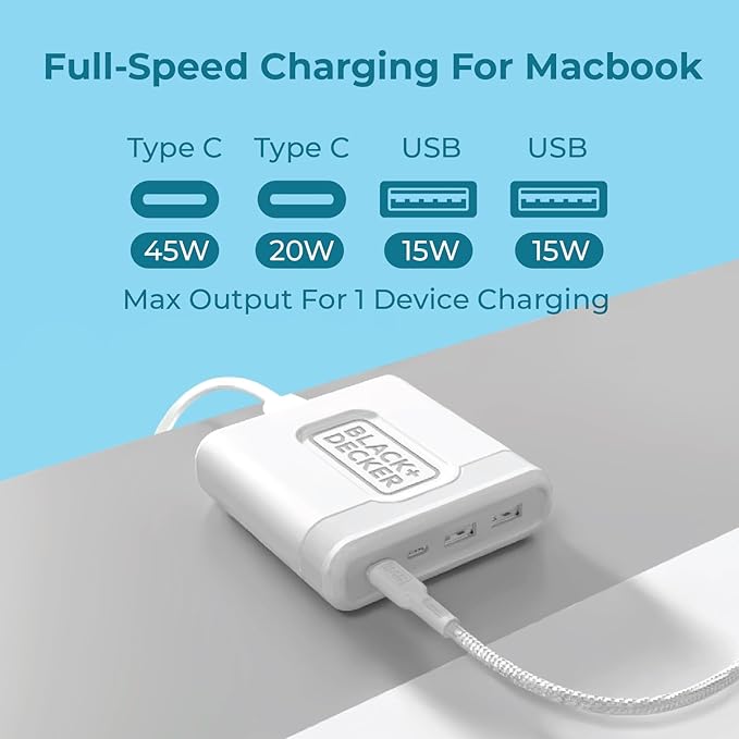 BLACK+DECKER USB C Fast Charger 65W 4 Port Type USB C Charging Station Hub Block Type C Wall Charger Power Strip Adapter Plug 2 C-Port 2 USB for iPad iPhone 17 16 15 14 Pro Max Pixel Note Galaxy