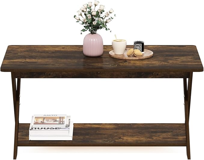 Furinno Modern Simplistic Coffee Table, 2-Tier Rectangle Modern Coffee Table with Open Shelf and X-Legs, Criss-Crossed Side Table, for Living Room, Bedroom, Home Office, Amber Pine