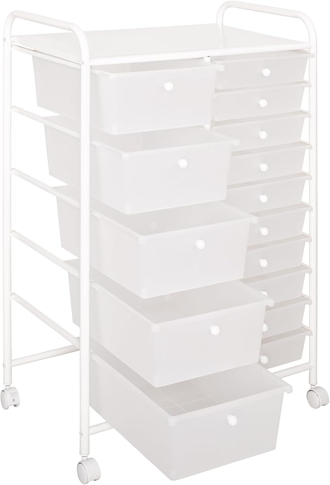 Seville Classics Rolling Utility Organizer Storage Cart, for Home Office, School, Classroom, Scrapbook, Hobby, Craft, 15 Drawer, White