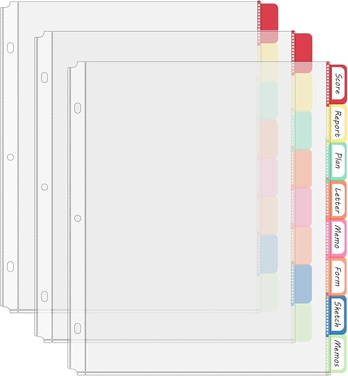 Binder Dividers with Tabs, 8 Tab Clear Sheet Protectors for 3 Ring Binder, White Dividers for 3 Ring Binder Page Protectors, Notebook Binder Sleeves with Pockets, 3 Set (24 Pcs)
