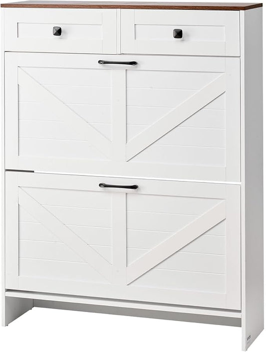 VEVOR Shoe Cabinet with 2 Flip Drawers, Farmhouse Shoes Storage Cabinet with 2 Drawers and Anti-Tipping Device, Freestanding Shoe Organizer Ideal for Entryway, Hallway, Bedroom, Living Room, White