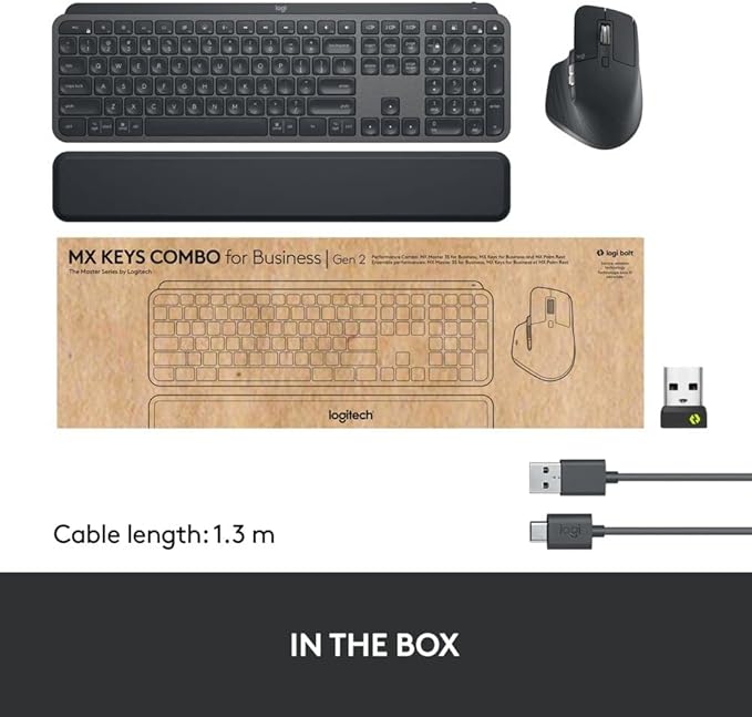 Logitech MX Keys Combo for Business | Gen 2, Full Size Wireless Keyboard and Wireless Mouse, with Keyboard Palm Rest, Bluetooth, Logi Bolt, Quiet Clicks, Windows/Mac/Chrome/Linux - Graphite