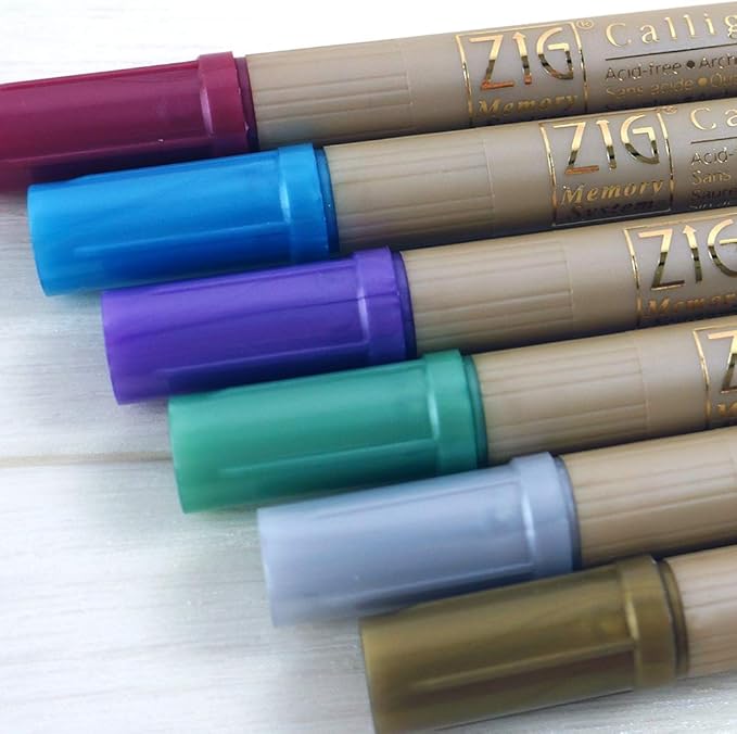 Kuretake ZIG Calligraphy Marker Pens Metallic 6 Colors set, 2mm & 3.5mm Dual Tip Markers, for Writing & Hand Lettering, for Professional, Beginner, Water-based pigments, Made in Japan