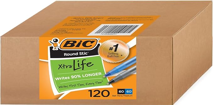 BIC Round Stic Xtra Life Pens, Medium Point 1.0 mm, 60 Black & 60 Blue Pens, Pack of 120