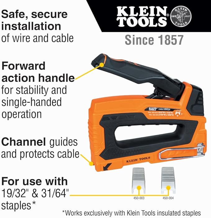 Klein Tools 45001 Heavy Duty Staple Gun, Loose Cable Stapler for Voice and Data Cable, Fits 13/64-Inch to 19/32-Inch Insulated Staples