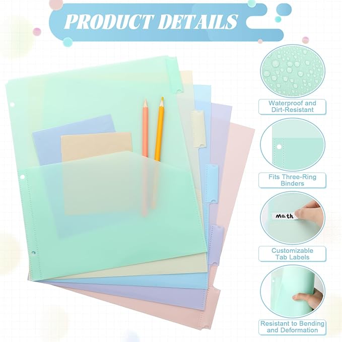 5 Sets 5 Tab Binder Dividers with Pockets for 3 Ring Plastic Binders 8.5 x 11 Inches 3 Hole Punched Page Divider Sturdy Colorful Dividers for Office School Business Home Organizer (Pastel Color)