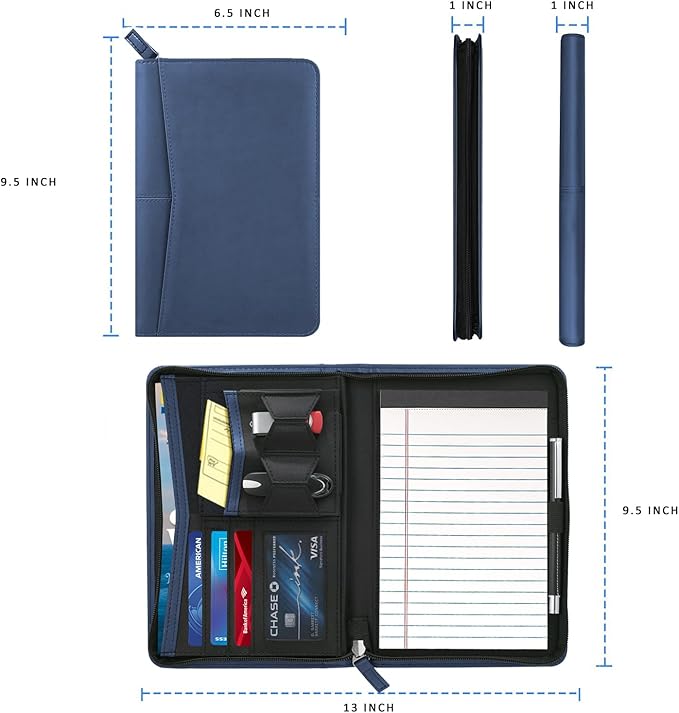 Small Portfolio Organizer, A5 Zippered Business Portfolio, Junior Padfolio Folder Binder for Women & Men, 5 x 8 Writing Pad Included, Navy Blue