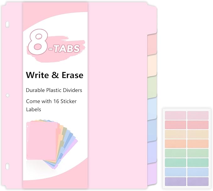 SKYDUE 8 Tab Durable Plastic Dividers, Big Tab Dividers for 3 Ring Binder, Write & Erase 3 Ring Binder Dividers with Tabs, with Sticker Labels, 1 Set, Aesthetic Pastels Binder Dividers