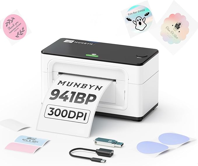 MUNBYN Bluetooth Thermal Label Printer 941B+Thermal Direct Shipping Label (Pack of 500 4x6 Fan-Fold Labels)+White Label Holder