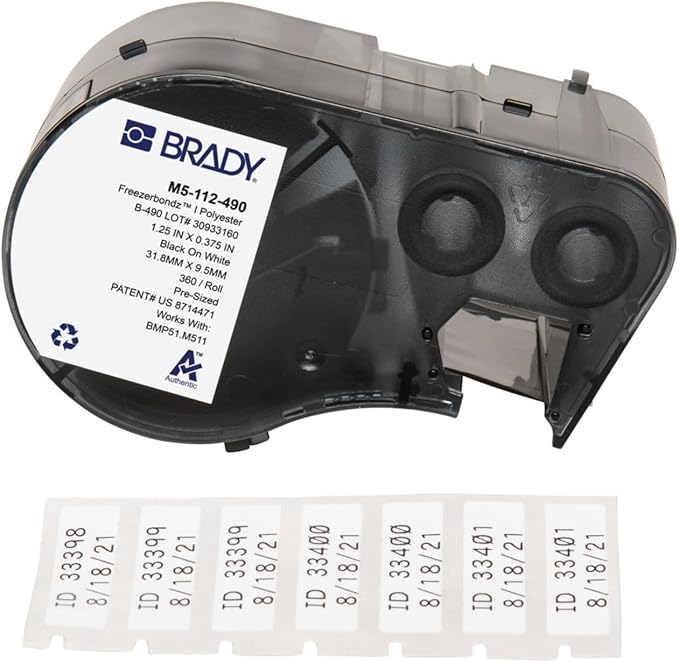 Brady Authentic (M5-112-490) FreezerBondz™ Cryogenic Matte Polyester Labels 0.375" H x 1.25" W Black on White, 360 Labels. for use with The BMP51 and M511 Label Printers