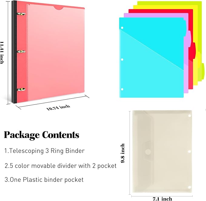 INFUN Telescoping Project Organizer Binder,13 Pocket, Customizable Front Cover, 5 Colors Pocket Divider and Plastic Binder Pocket，225 Sheet Capacity-Red