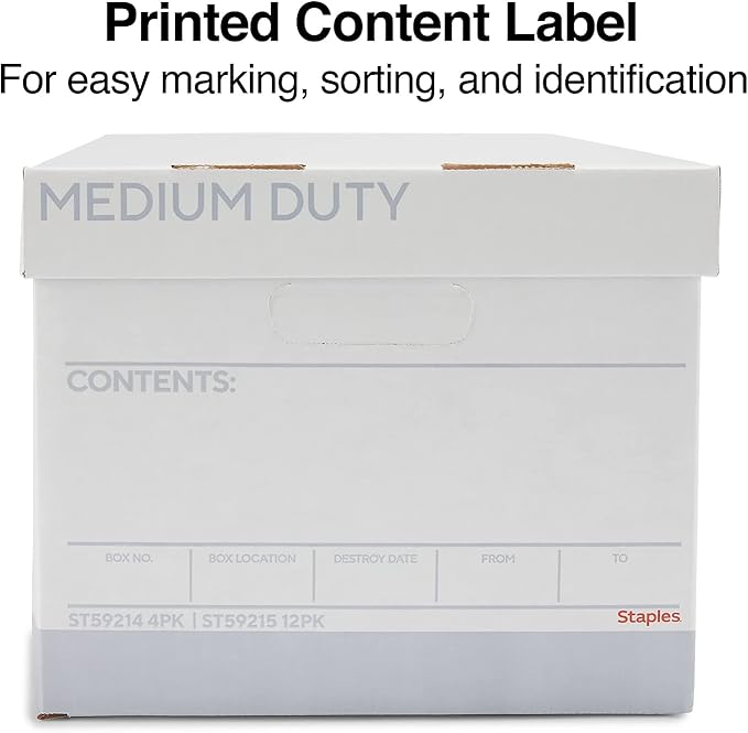 STAPLES Storage & Filing Box, Medium-Duty with Handles & Removeable Lid, Letter Size Documents, Stackable, 12-Pack, White/Gray