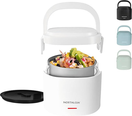 Nostalgia Portable 20-Ounce Electric Heated Lunch Box – Travel Size 2.5 Cup Capacity for Soup, Chili, and Leftovers – Leak Proof Silicone Sealed Lid, Foldable Carry Handle, Detachable Cord – White