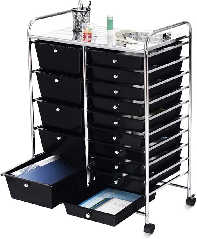 COSTWAY 15 Drawer Rolling Storage Cart, Mobile Utility Cart with Lockable Wheels, Drawers, Multipurpose Organizer Cart for Home, Office, School, Black