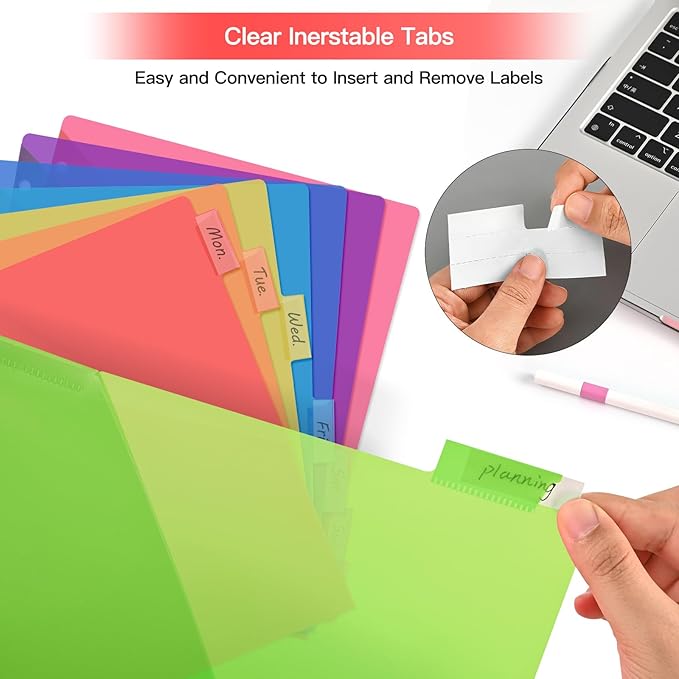 SUIN 8-Tab Insertable Binder Dividers with Double Pockets - Translucent Plastic Page Separators for 3 Ring Binder, Front & Back Storage, Durable Poly, Letter Size, Rainbow Colors, 2-Pack