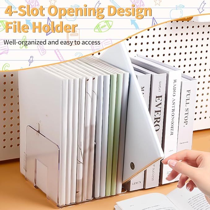 4Pcs Clear Acrylic Desk File Sorter, Desktop File Organizer, 4 Sections Clutch Divider File Folder Rack, Purse Handbag Organizer Letter Notebook Folder, Office Supplies Stand (Clear)